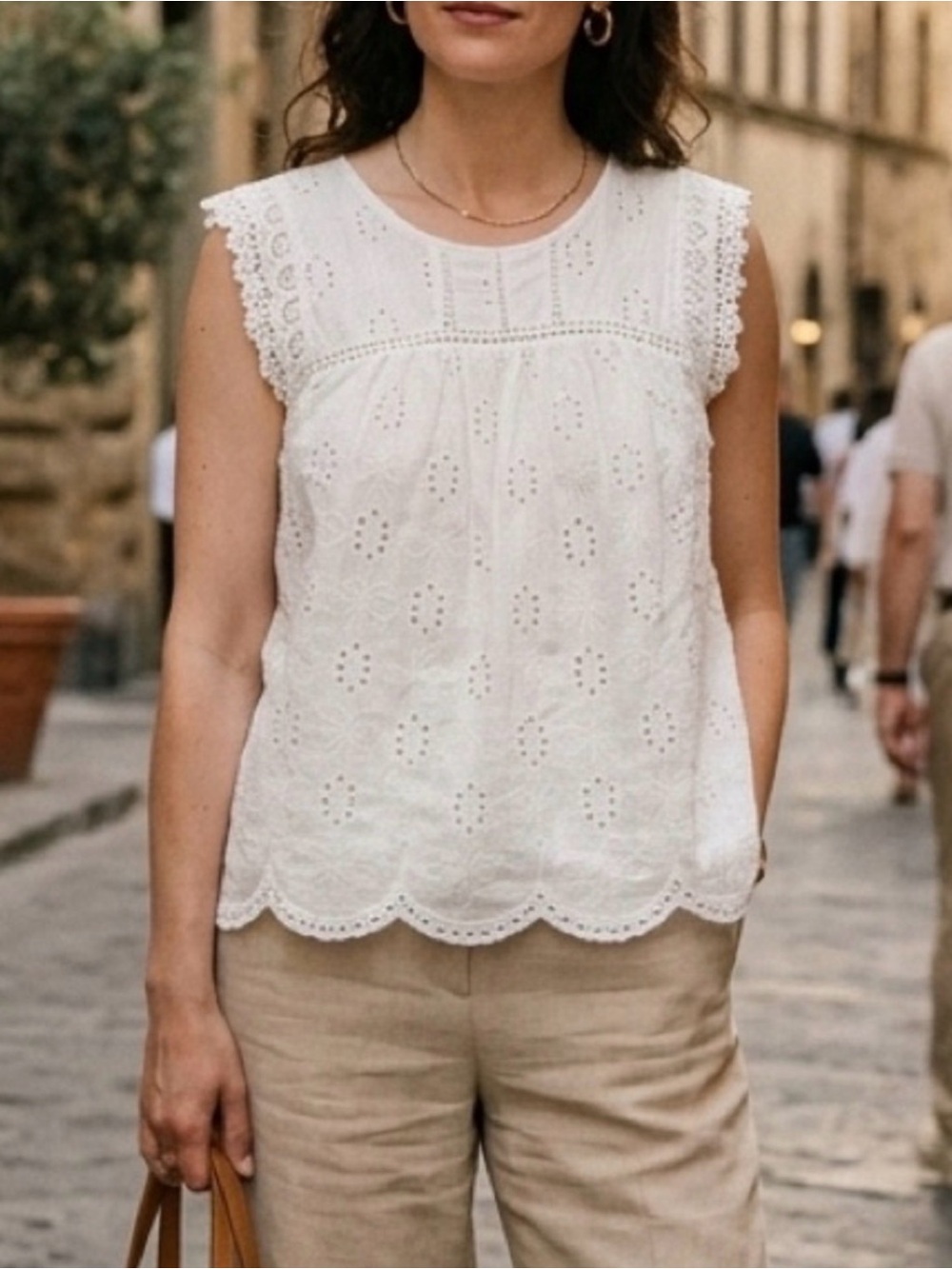 Knox Rose White Eyelet Cotton Cap Sleeve Summer Cottage Boho Lace Trim Top Large
